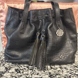 Patricia Nash Black Croc-Embossed Tassel Drawstring Tote